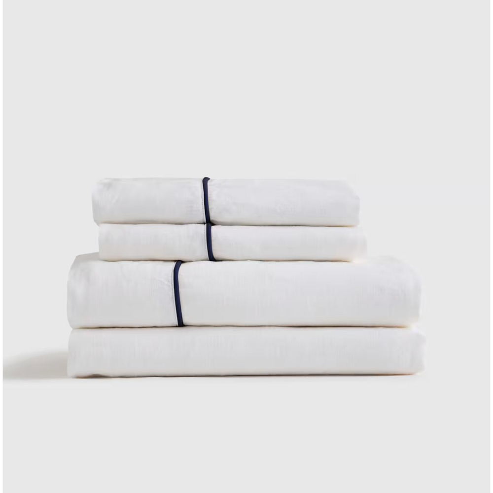 Quince European Linen Piped Sheet Set Queen Size White/Navy 4 Piece
